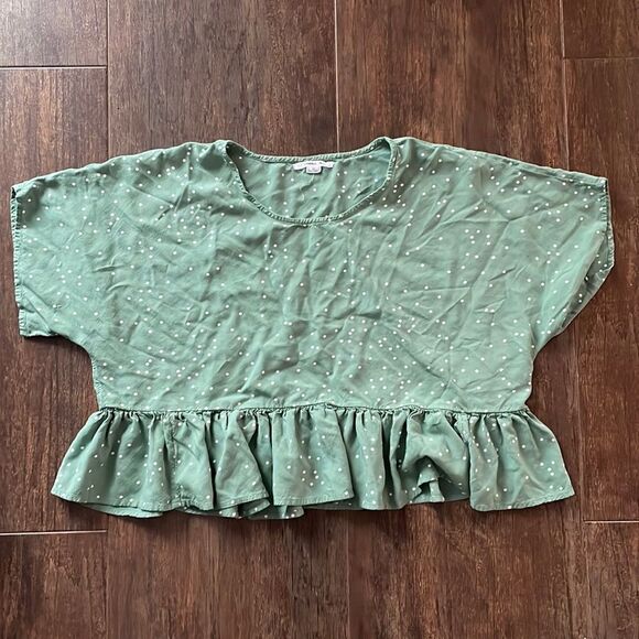 O’Neill Green and White Polka Dot Ruffle Crop Top - Picture 1 of 6